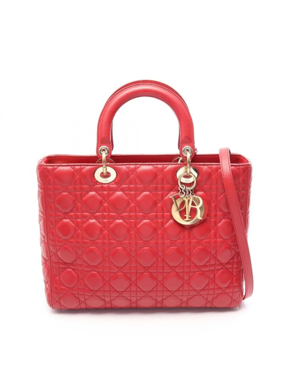 Dior Lady Dior Large 2-Way Red Leather Lady Dior Cannage Tote Bag
